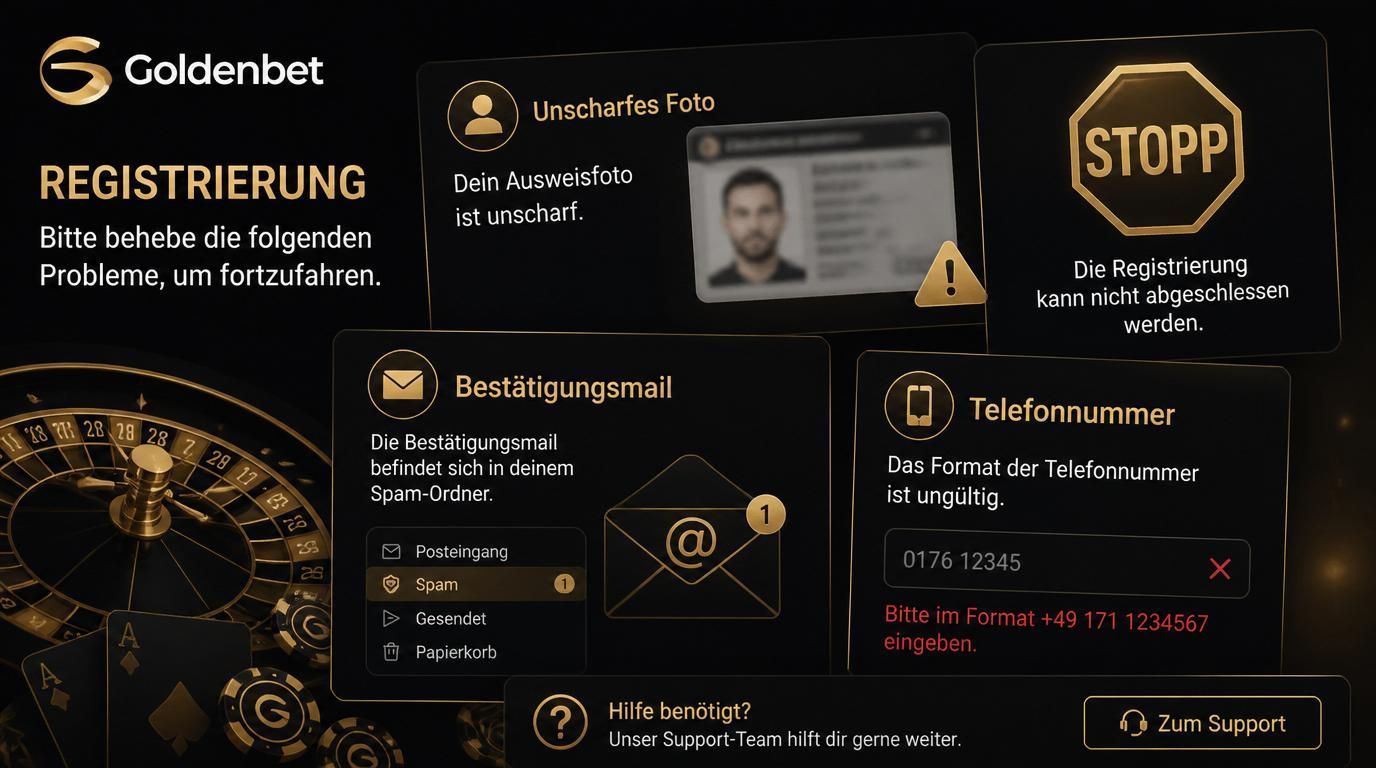 Collage von typischen Fehlern wie unscharfes Ausweisfoto, Mail im Spam, falsches Nummernformat. 
