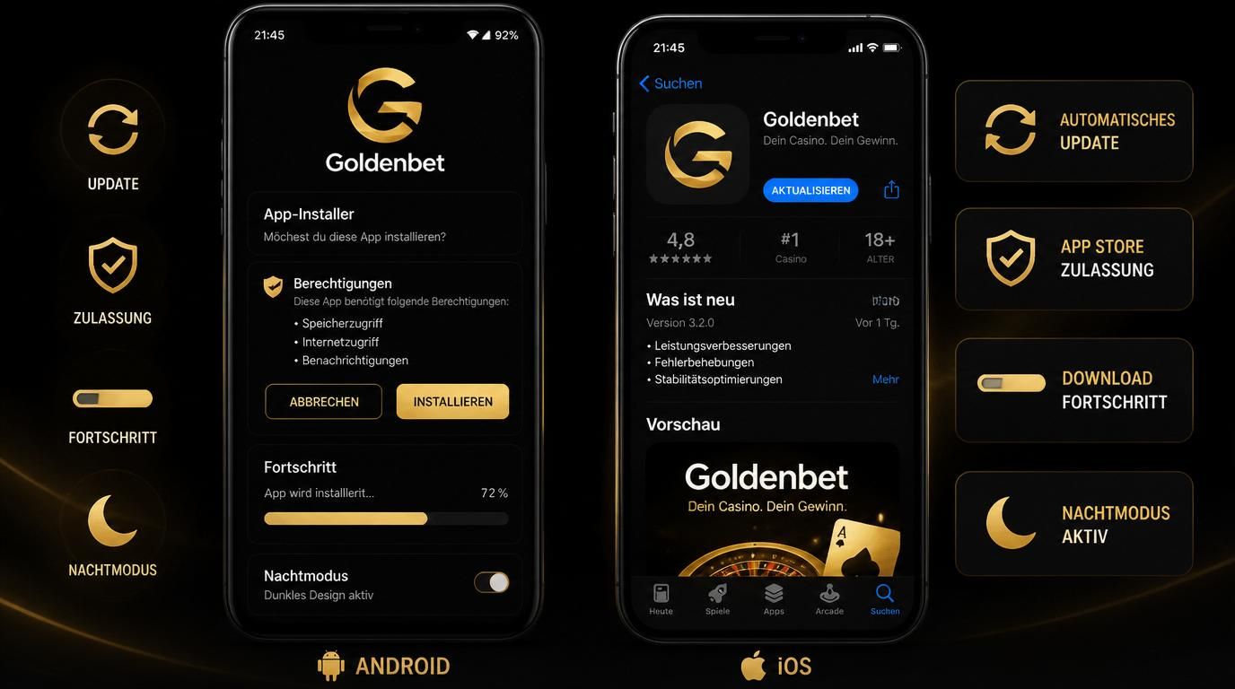 Ein Android-GerĂ€t zeigt manuelles UpdateâFenster, daneben ein iPhone mit dem Hinweis âUpdateâ im App Store