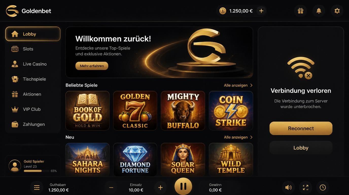 Bildschirm mit Hinweis âVerbindung verlorenâ, Nachtmodus, beruhigte Interface