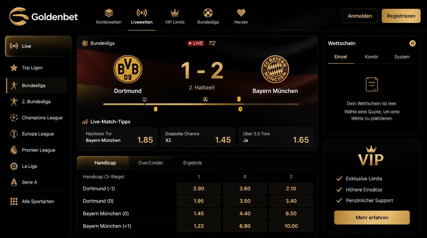 Benutzeroberfläche mit Wettarten, Bundesliga und VIP-Symbolen 