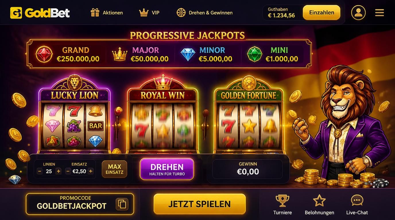 Szene mit Slot-Maschinen und hervorgehobenem Promo-Code-Feld „GOLDBETJACKPOT“.
