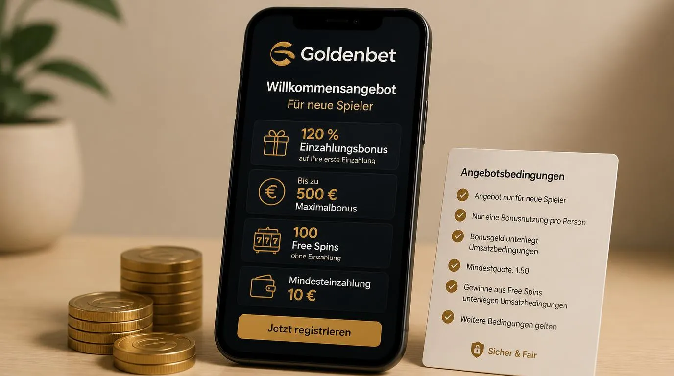 Smartphone mit Casino-Bonusübersicht, 120 % Einzahlungsbonus, 500 € Höchstbetrag und 100 Freispielen