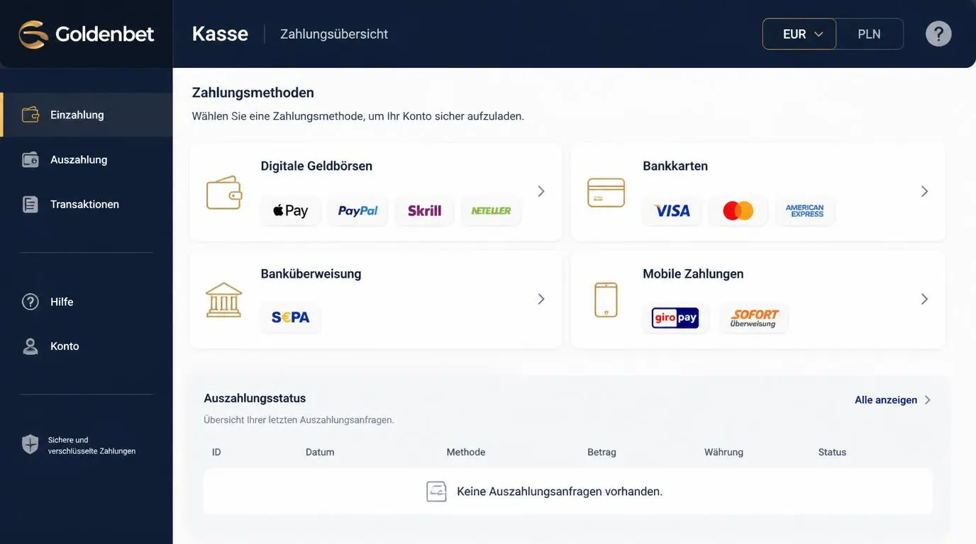 Übersicht einer Casino-Kasse mit E-Wallet, Karte, Banküberweisung und mobilen Zahlarten