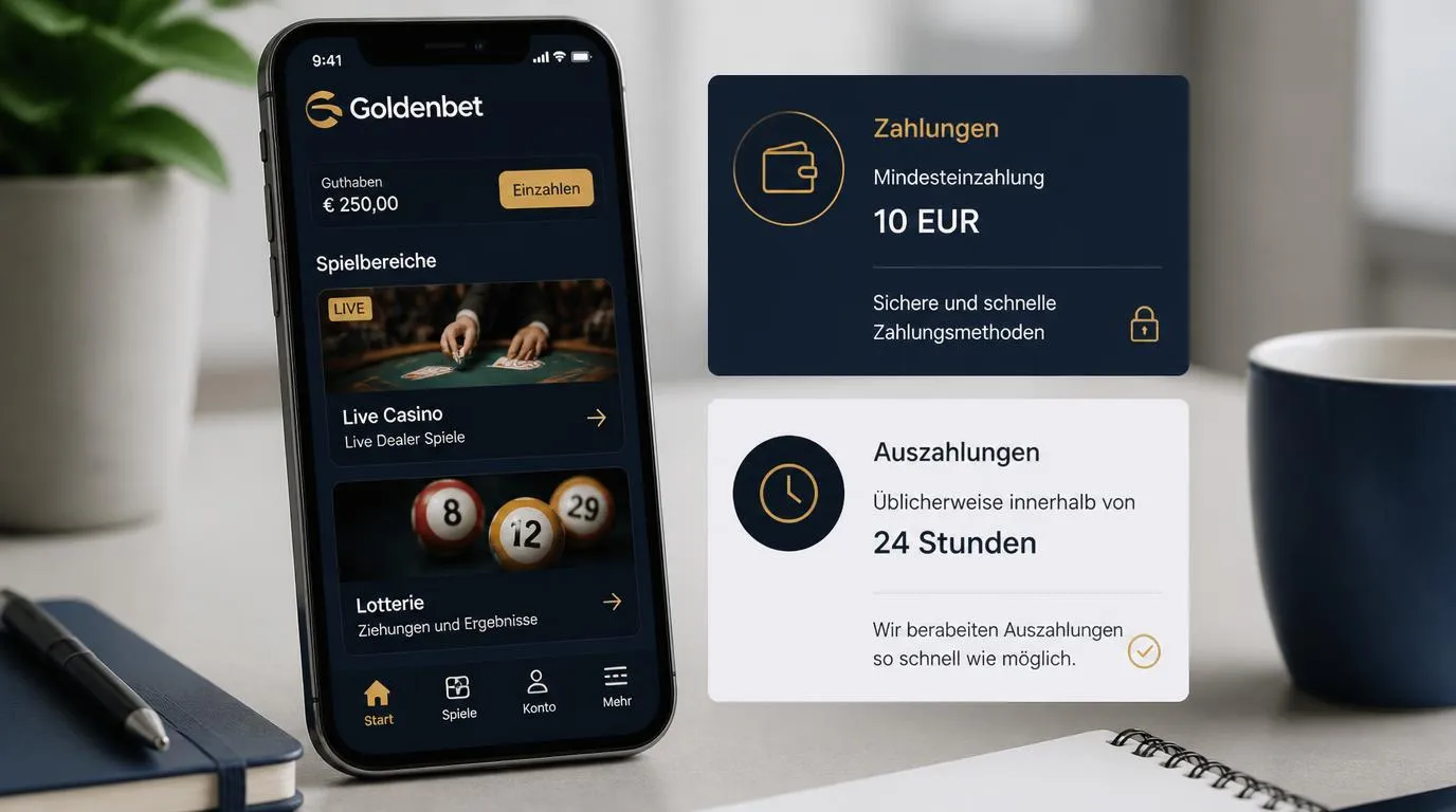 Smartphone mit Casino-Spielbereichen, 10-EUR-Einzahlung und Auszahlungsanzeige innerhalb von 24 Stunden