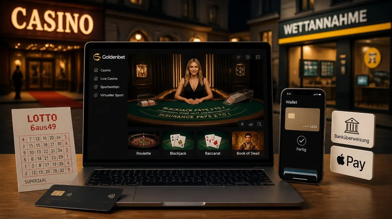 Casinoansicht mit Live-Croupier-Tisch, Lotterieschein und Symbolen für Karten, Wallets und Apple Pay