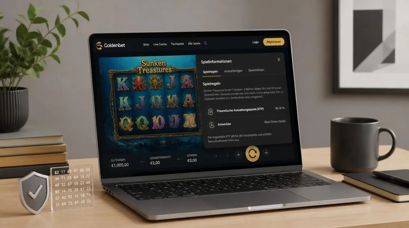 Casino-Spieloberfläche mit sichtbaren Spielregeln, Auszahlungsquote und Herstellerangabe auf einem Laptop