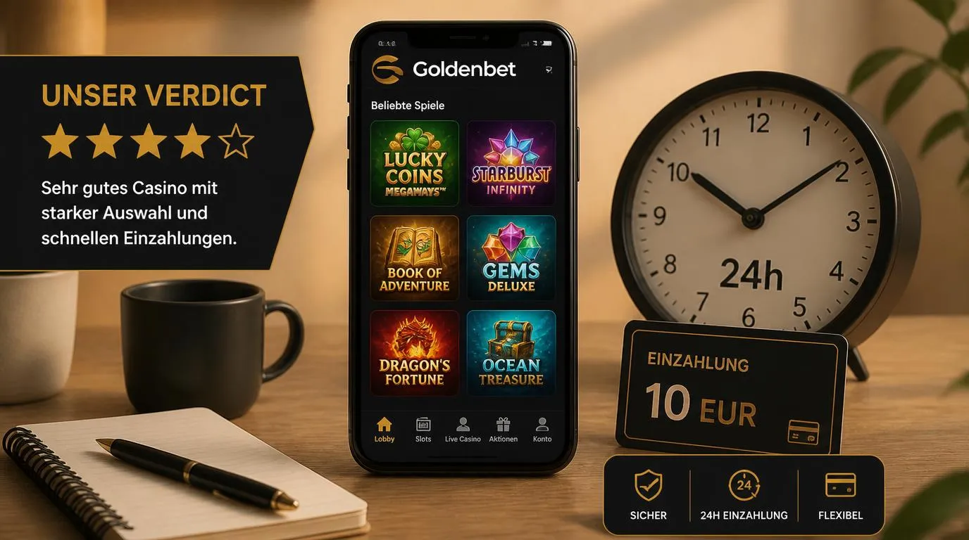 Smartphone mit Casino-Spielauswahl neben einer Uhr und einem Hinweis auf 10 EUR Mindesteinzahlung
